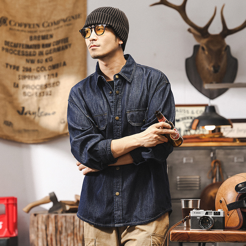 美式復古明線原色牛仔襯衫男春季2025新款工裝長袖襯衣外套男