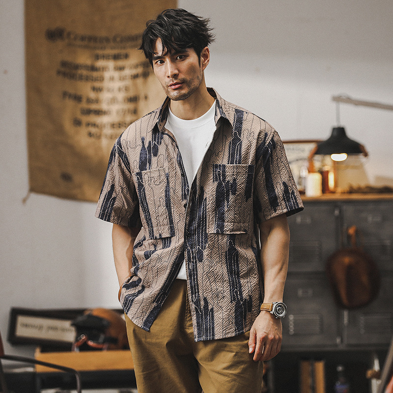 美式復古工裝襯衫男短袖夏季薄款寬鬆條紋夏威夷潮牌休閒男士襯衣