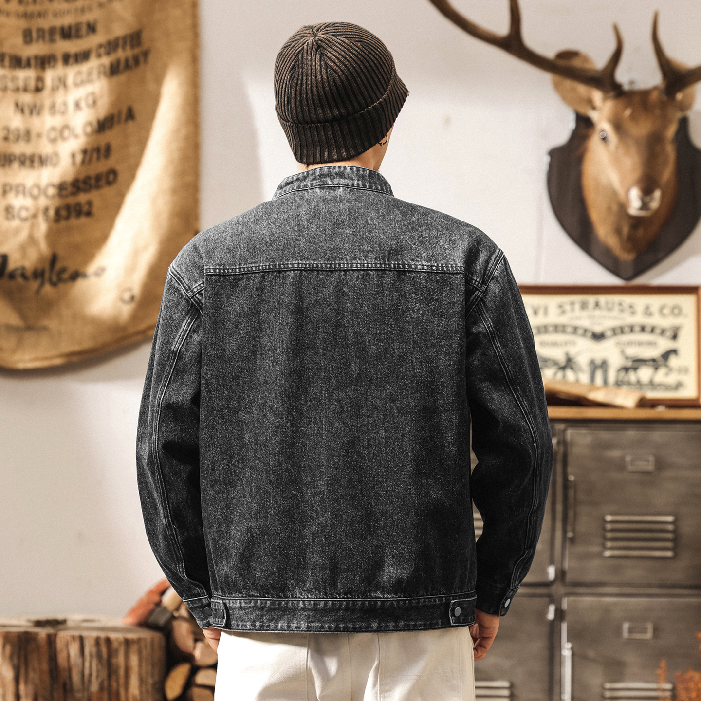 美式重磅復古牛仔外套男春秋2025新款寬鬆重工解構立領機車夾克男