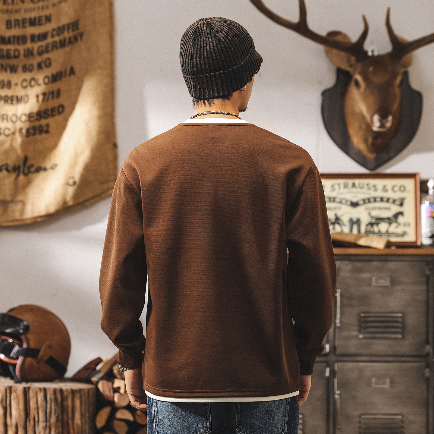 美式復古亨利領假兩件t恤男長袖春秋新款潮牌重磅衛衣寬鬆上衣男