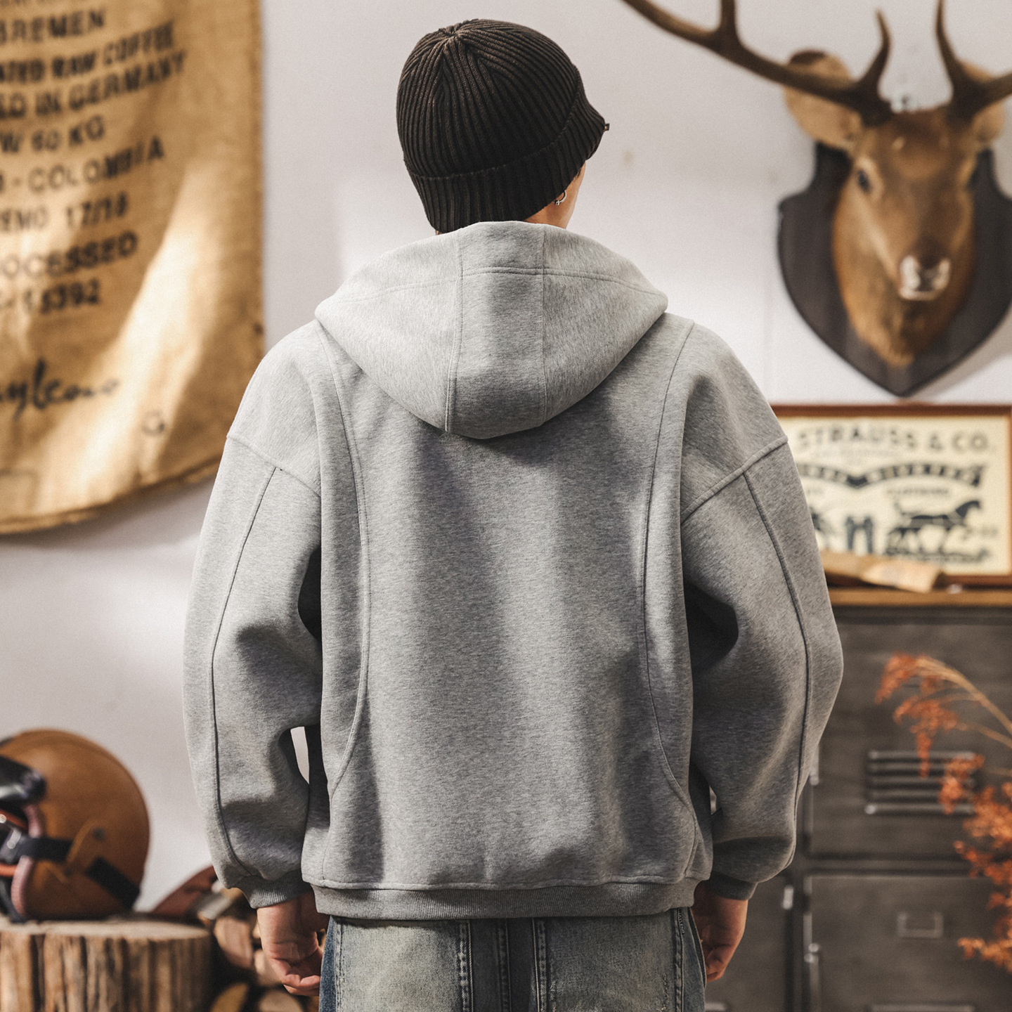 美式復古重磅開衫連帽衛衣男春秋新款雙拉鍊外套男士秋冬寬鬆上衣