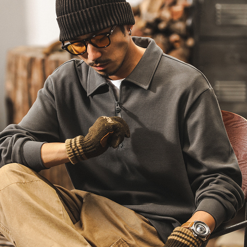 美式復古350g重磅衛衣男秋冬季保暖衣服潮牌寬鬆帥氣半拉鏈POLO衫
