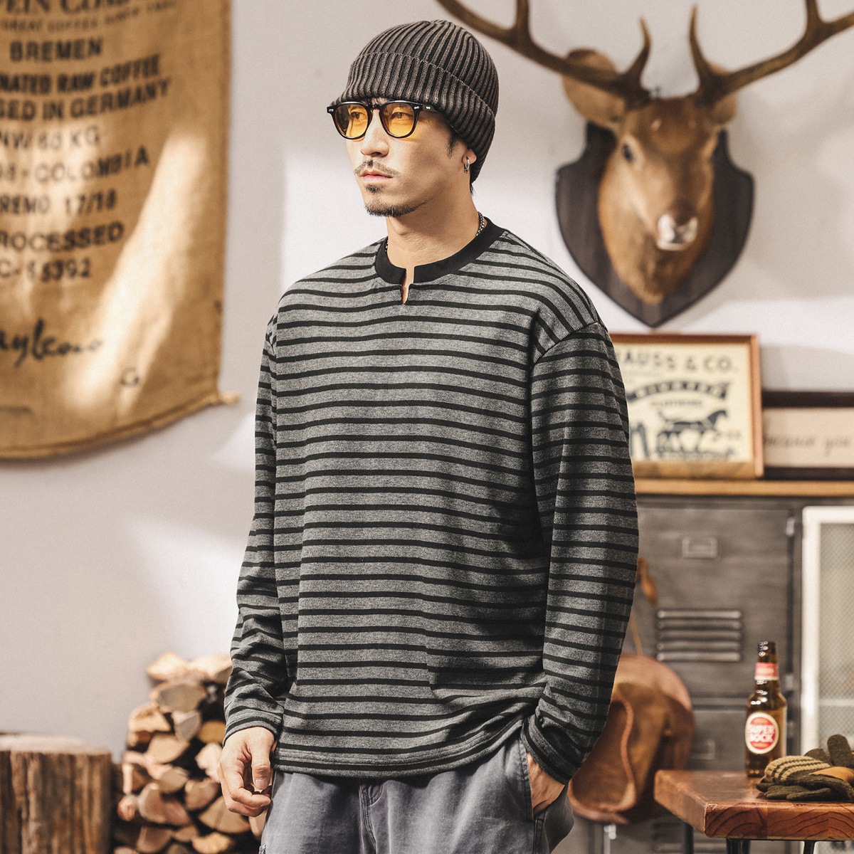 美式280g重磅條紋長袖t恤男秋季2025新款寬鬆潮牌慵懶打底V領上衣