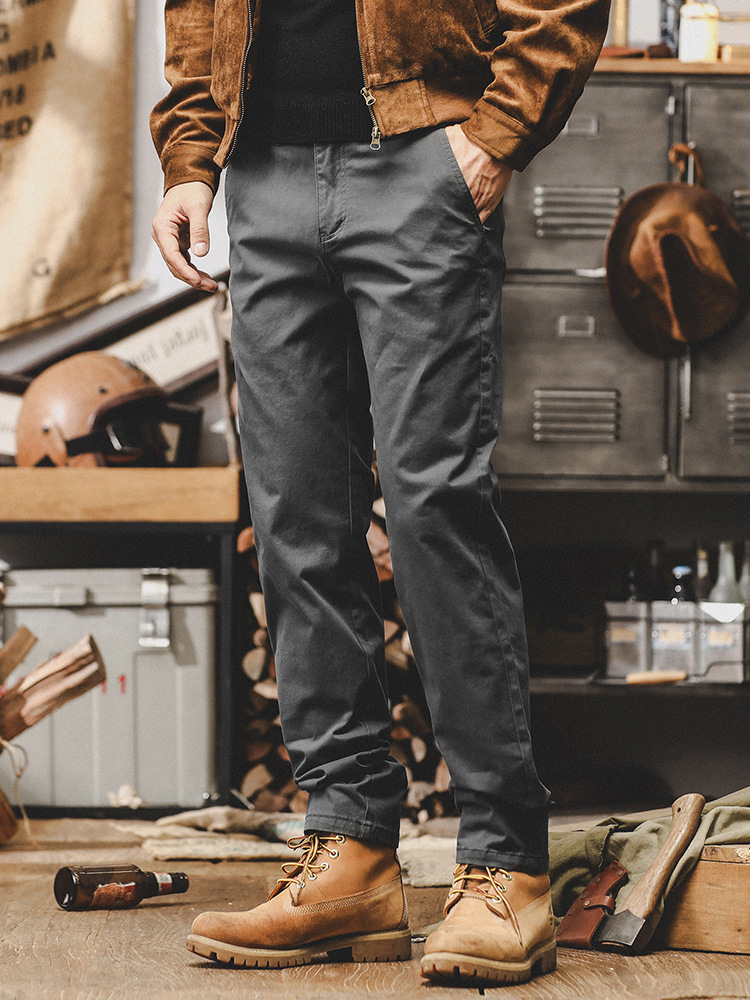 美式復古卡其色褲子男秋季潮牌直筒褲2024新款簡約百搭休閒長褲男