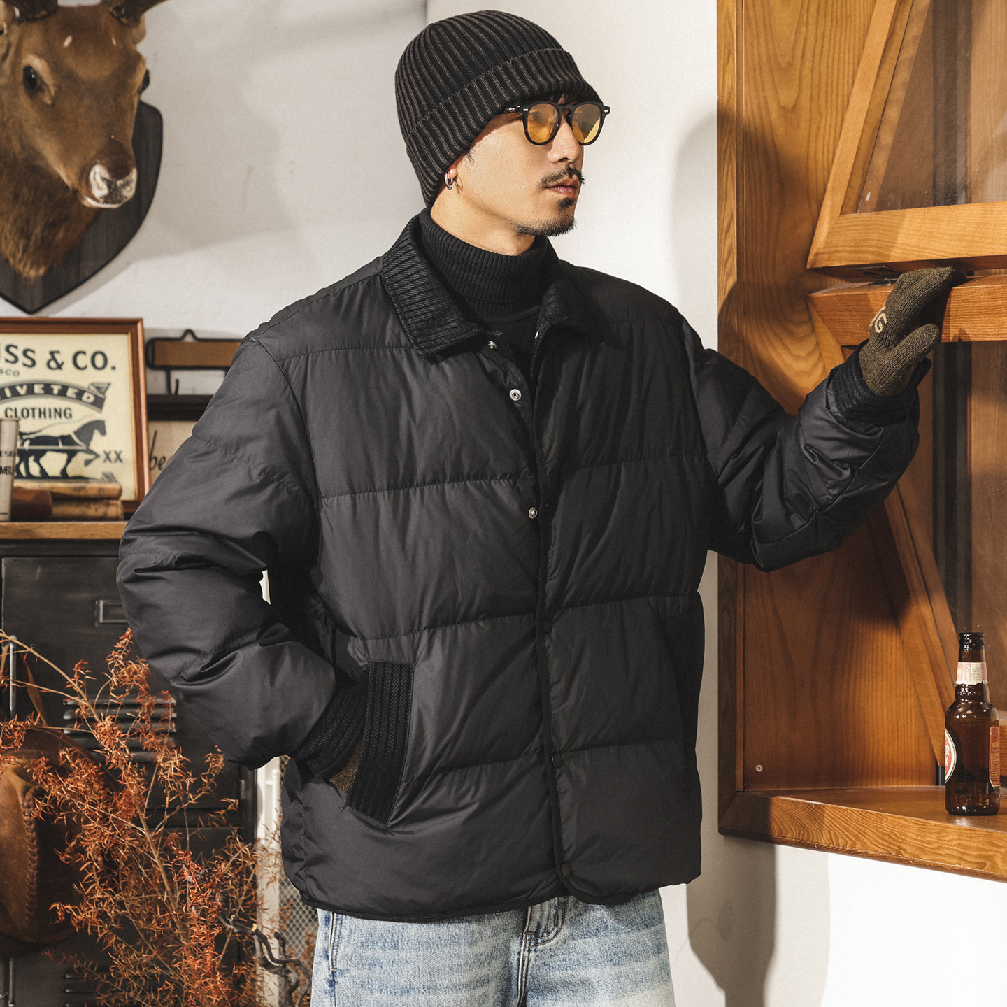 美式復古90白鴨絨假兩件輕便羽絨服男款冬季保暖潮牌面包服外套男