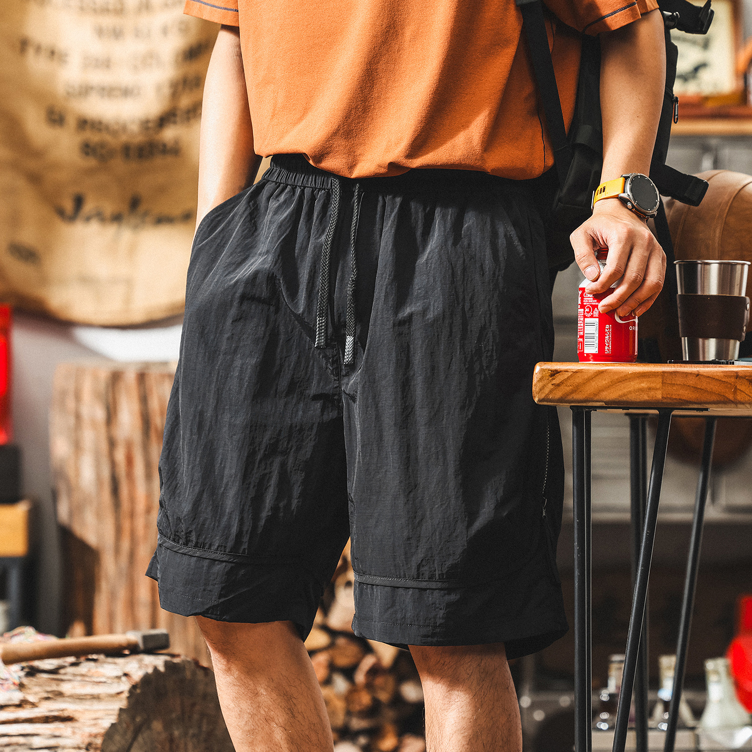 美式復古涼感工裝短褲男款夏季黑色潮牌戶外速干休閒寬鬆五分褲男