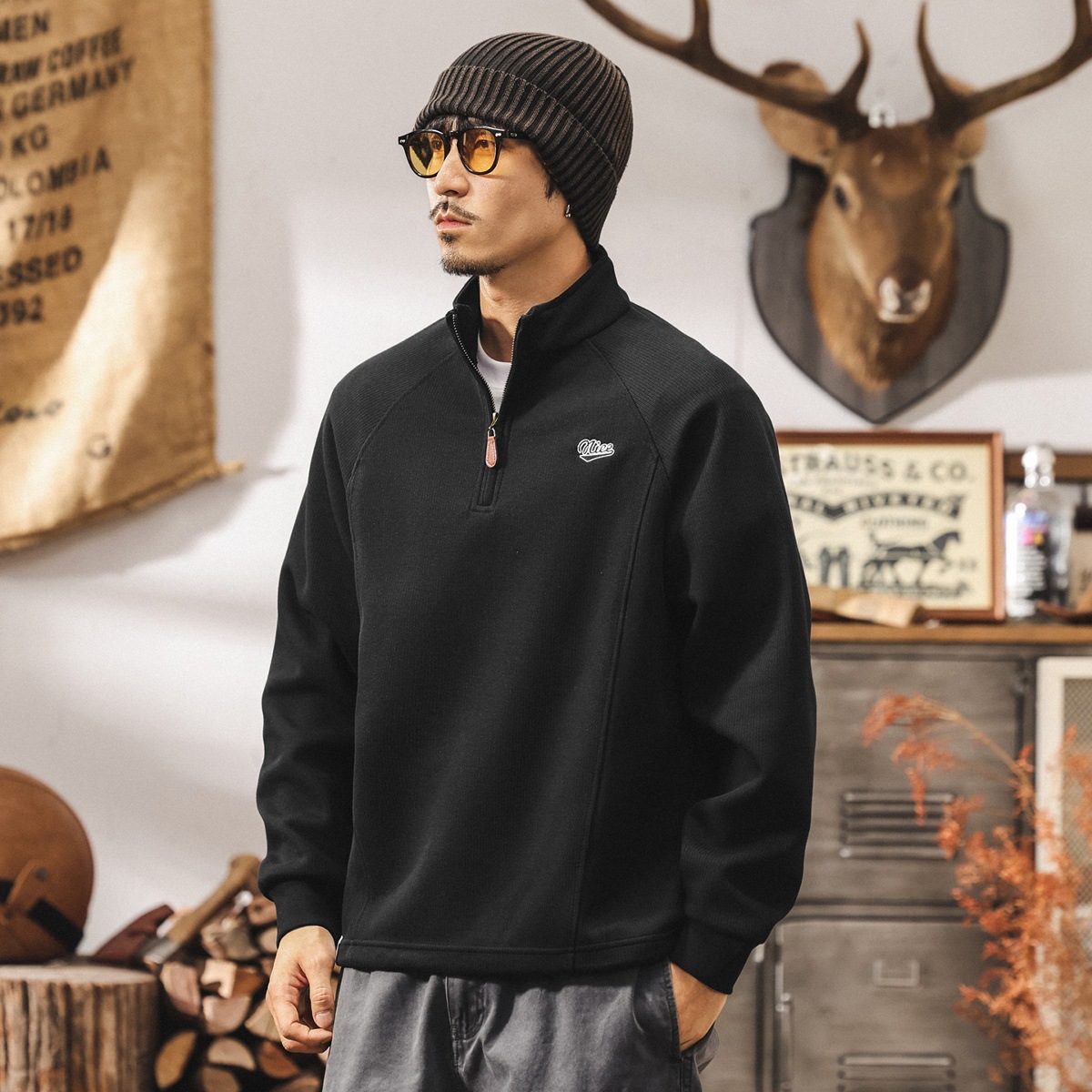 美式重磅復古立領半拉鍊衛衣男春秋潮牌新款簡約刺繡寬鬆休閒上衣