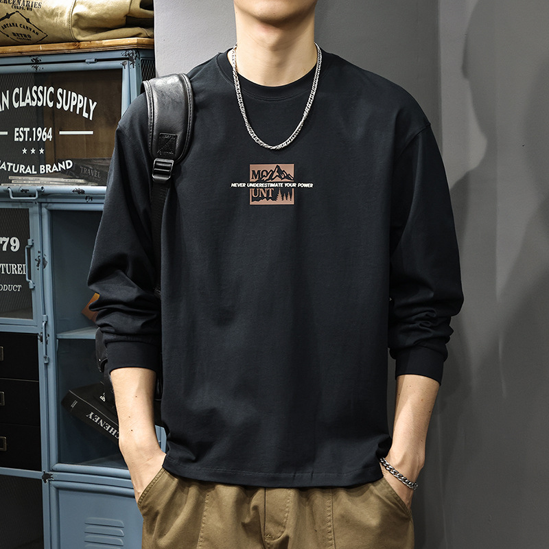美式重磅印花長袖t恤男秋季新款寬鬆大碼休閒打底ins圓領衛衣