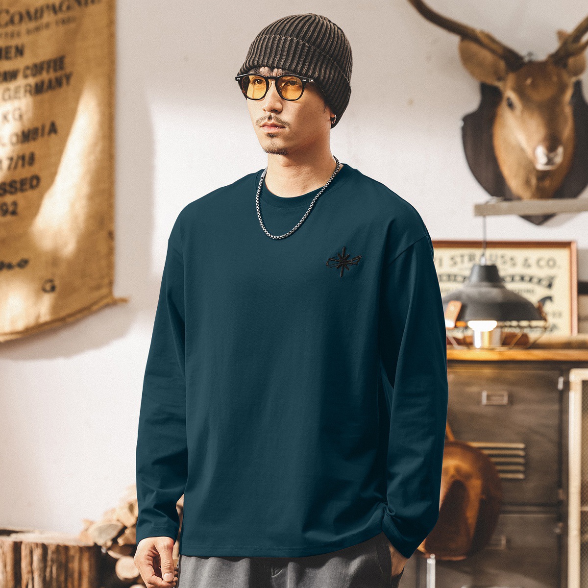 美式復古長袖t恤男秋季2025新款刺繡潮牌寬鬆大碼休閒男士上衣潮T