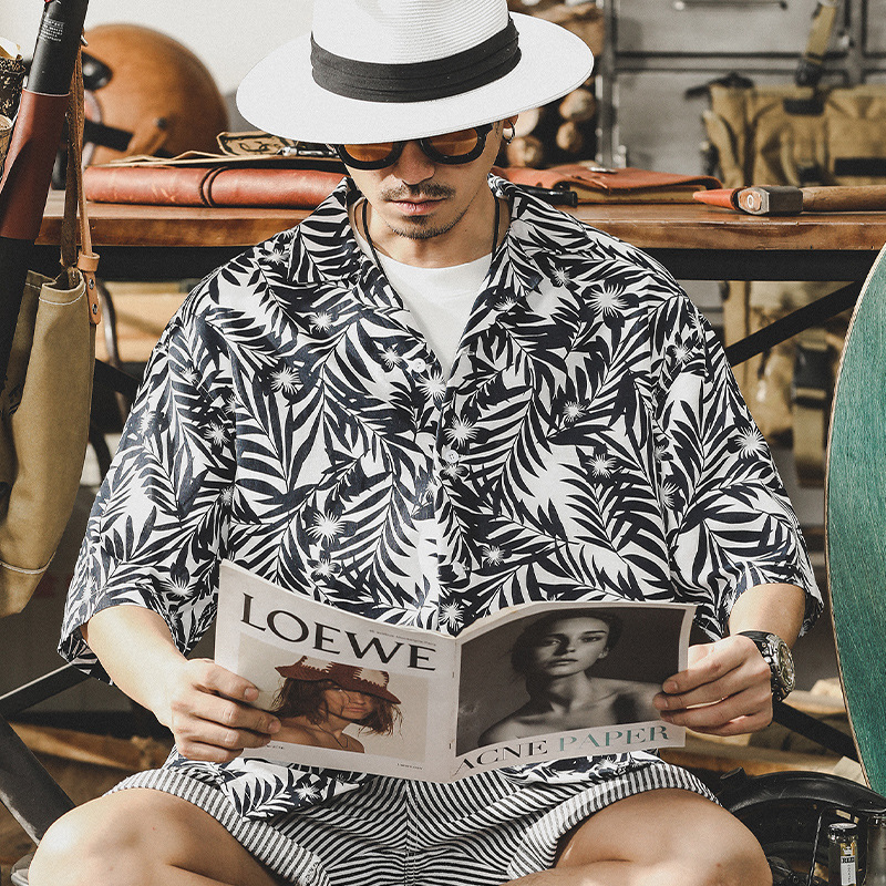 杰雷諾美式夏威夷經典復古短袖襯衫男夏季ins潮牌寬鬆休閒襯衣男