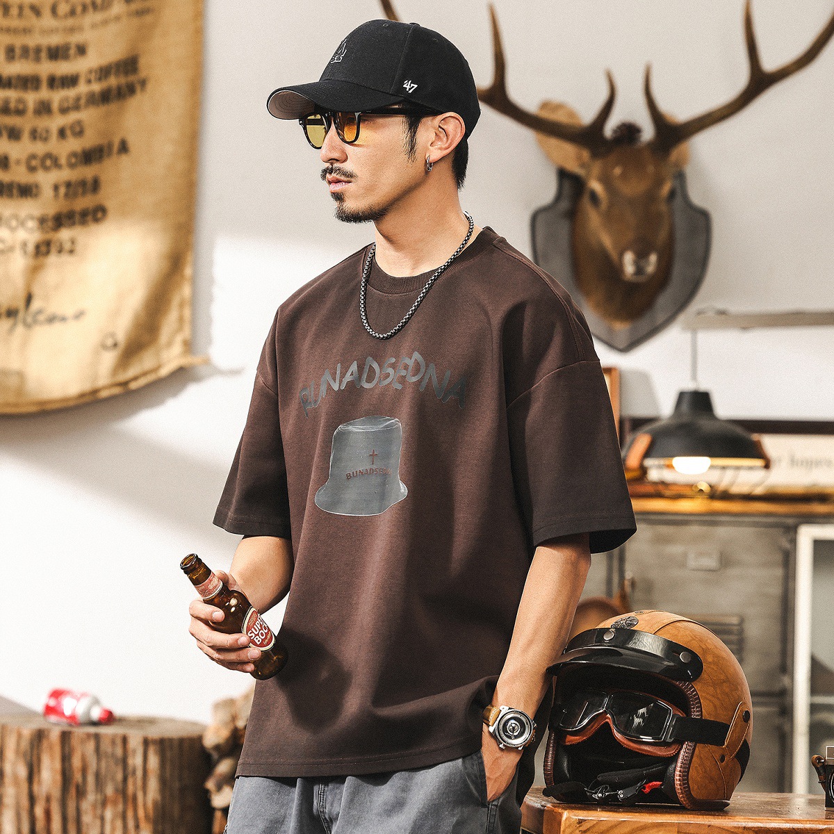 安可拉紅300g重磅T恤男短袖夏季2025新款美式復古髒染水洗上衣男