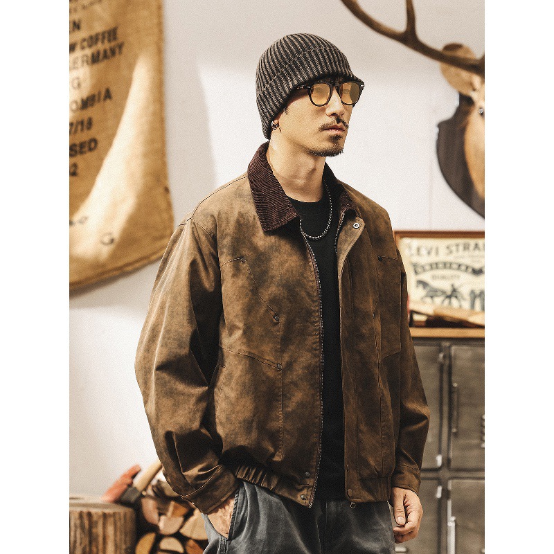 美式復古髒染男士外套春秋2025新款美拉德寬鬆潮流工裝夾克男秋季