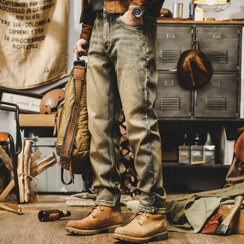 傑雷諾美式重磅黃泥做舊複古牛仔褲男寬松彈力休閑褲子男秋季長褲