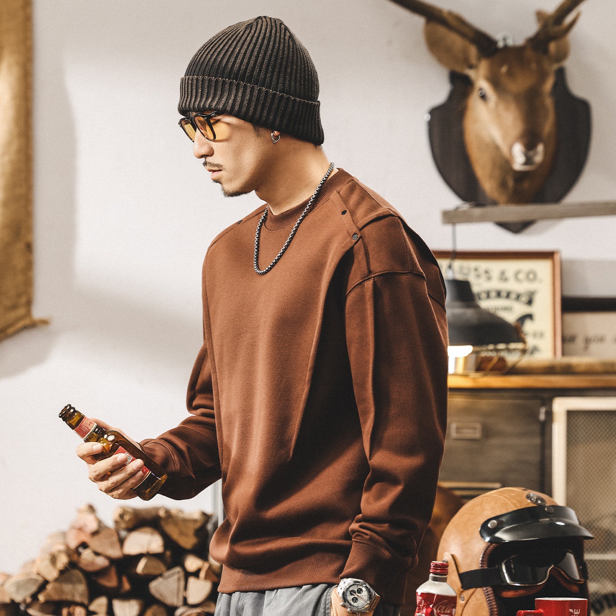 美式復古拼接結構360g重磅衛衣男春秋新款廓形寬鬆休閒長袖上衣男