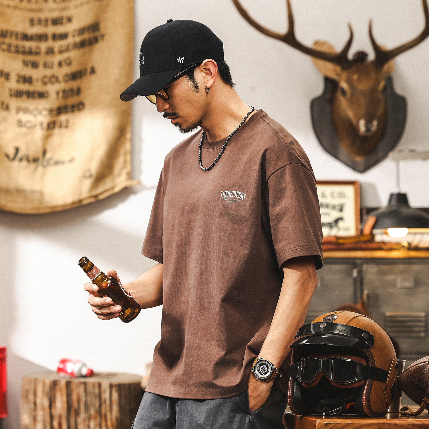 300g重磅蠟染水洗T恤男夏季短袖潮牌復古寬鬆戶外印花上衣男