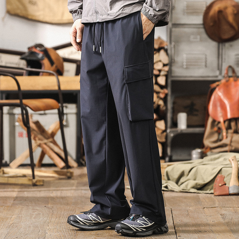 美式冰絲涼感夏季男士薄款褲子男戶外速乾寬鬆直筒工裝休閒褲男款