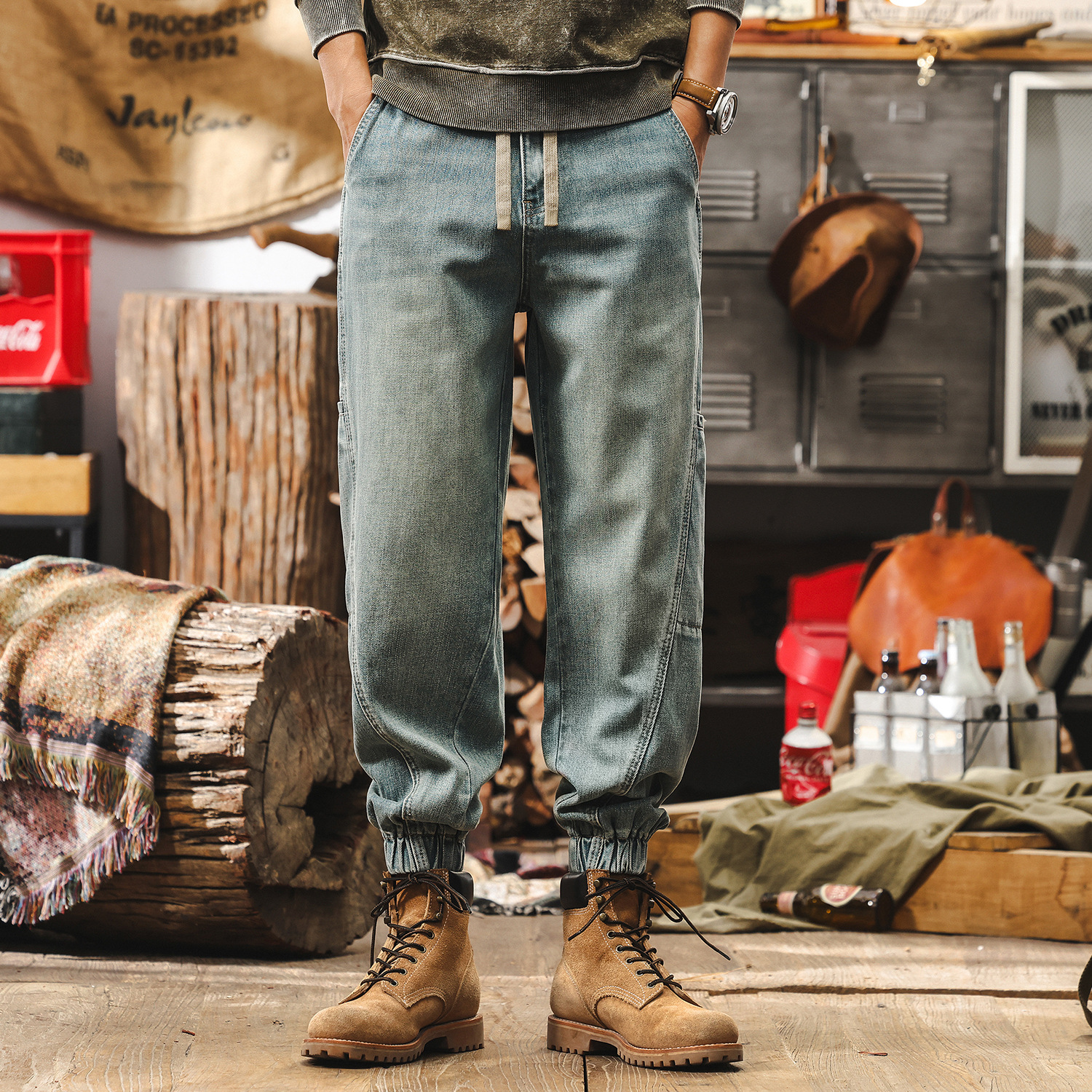 美式復古萊賽爾牛仔褲男2025年新款寬鬆束腳工裝褲男潮牌男士褲子