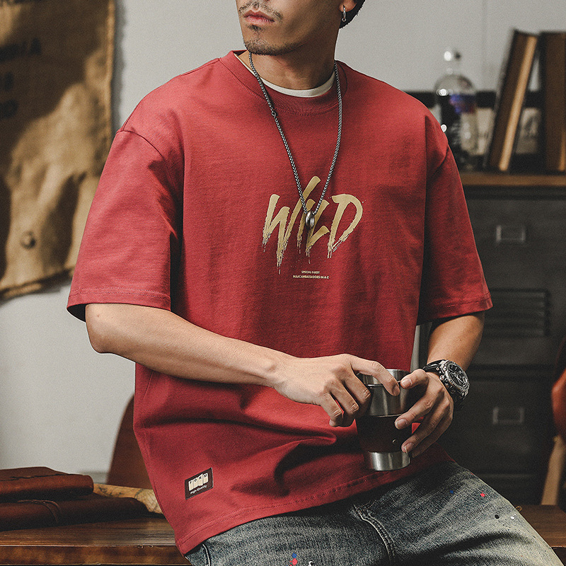 杰雷諾美式潮流紅色重磅T恤男短袖夏季潮牌塗鴉手繪印花半袖衣服