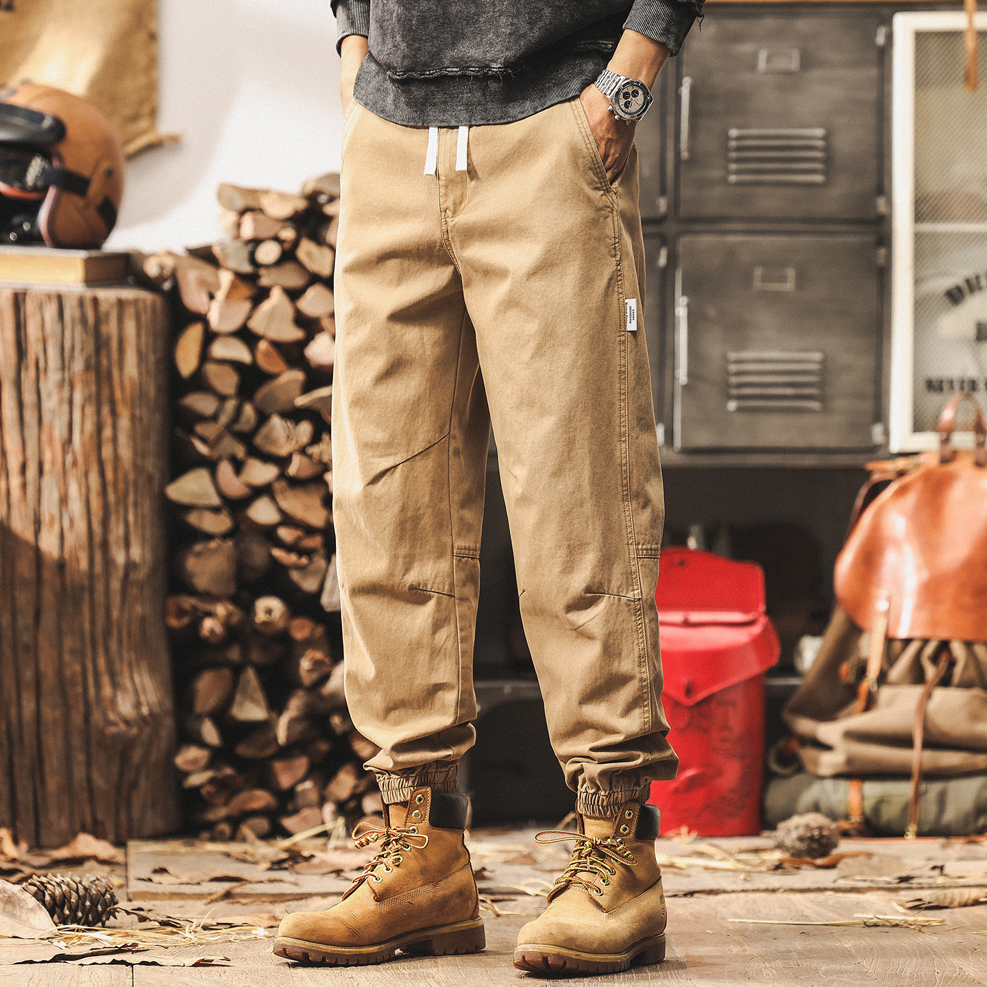 美式復古卡其色工裝褲子男士2025新款潮牌束腳寬鬆秋季男士休閒褲