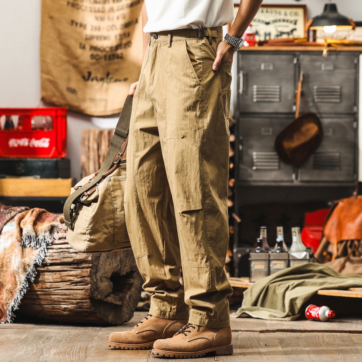 美式復古卡其色薄款工裝褲子男夏季寬鬆闊腿褲潮牌直筒男士休閒褲