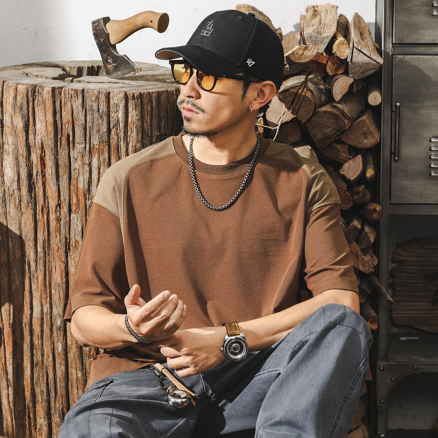 萊賽爾天絲高級感短袖男夏季美式復古駝色潮牌男士T恤美拉德上衣