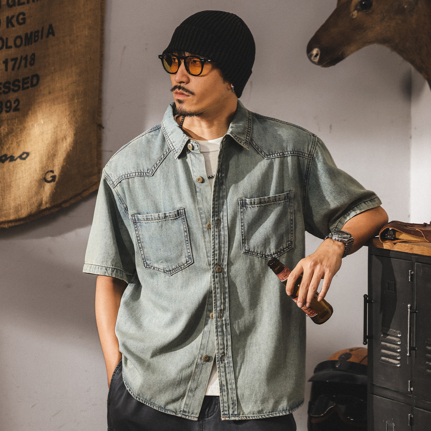 萊賽爾天絲黃泥藍復古牛仔襯衫男夏季新款寬鬆短袖襯衣男薄款外套