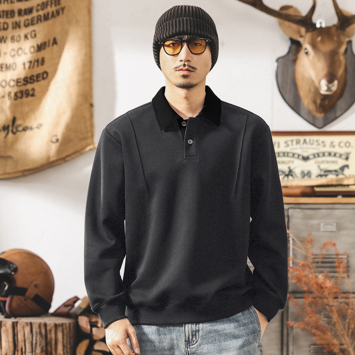 美式復古男士衛衣春秋2025新款潮牌寬鬆潮流320g重磅長袖Polo衫男