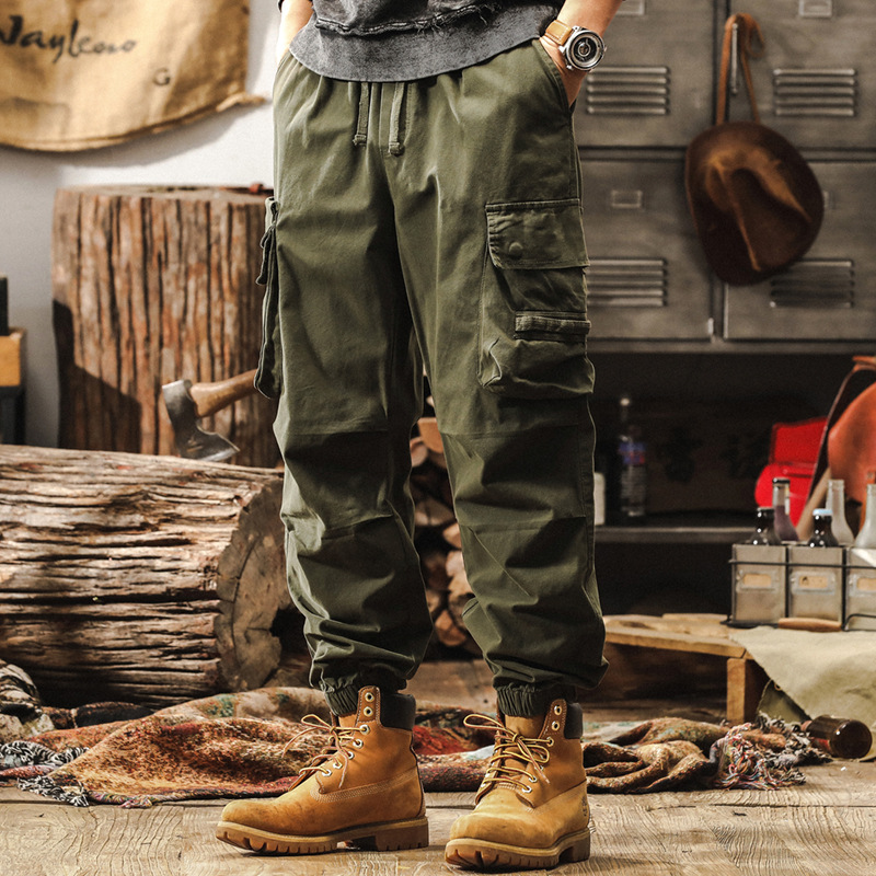 美式復古卡其色工裝褲子男秋季重磅寬鬆休閒褲硬漢獵裝機能束腳褲