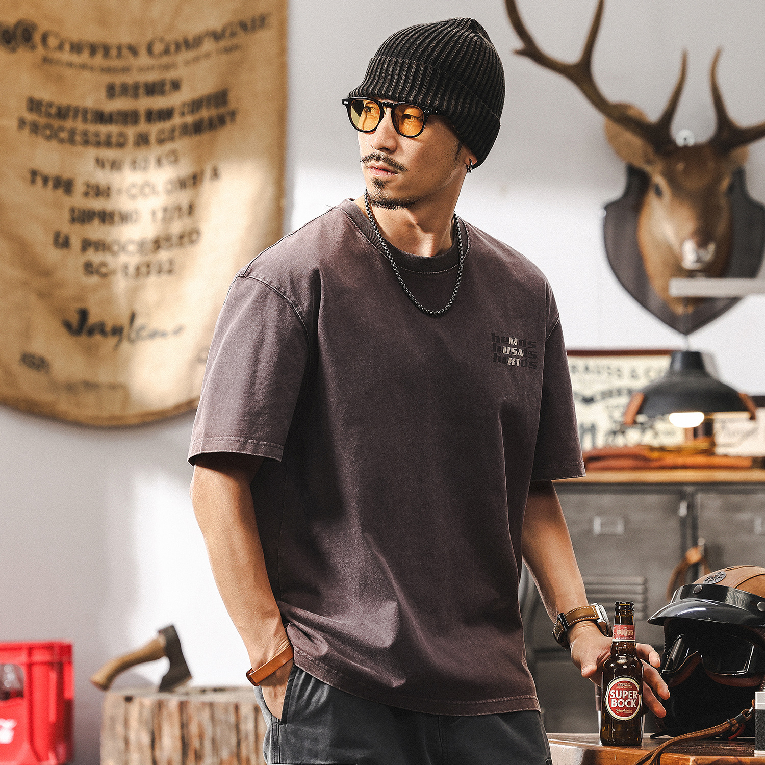 美式復古重磅T恤男士短袖夏季2025新款潮牌水洗做舊寬鬆上衣