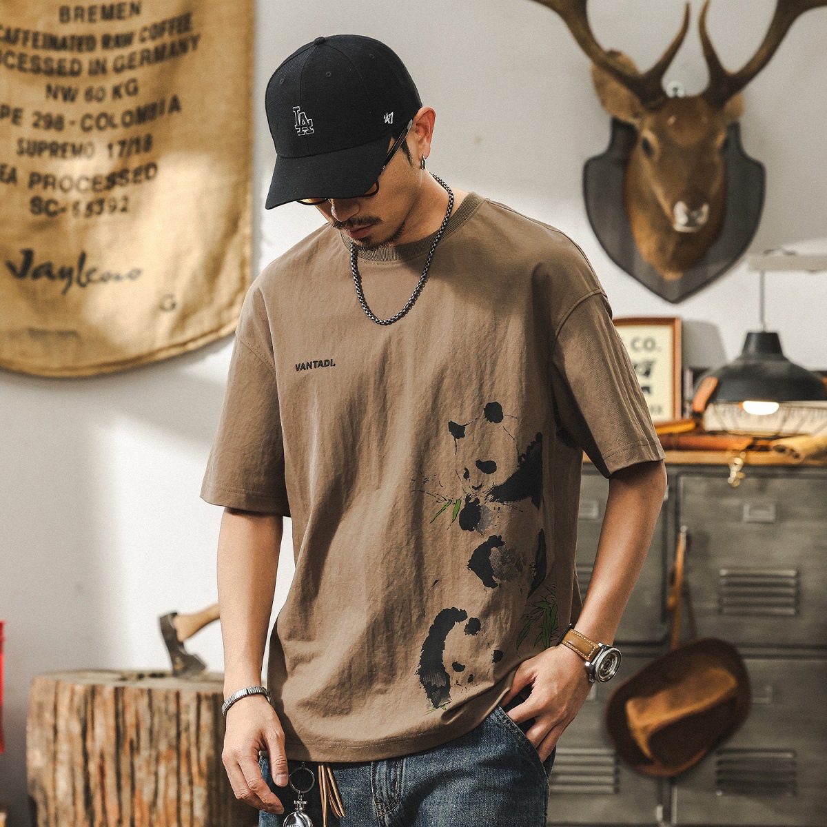 國潮熊貓短袖男款夏季美式復古亞麻薄款T恤潮牌寬鬆大碼男士上衣