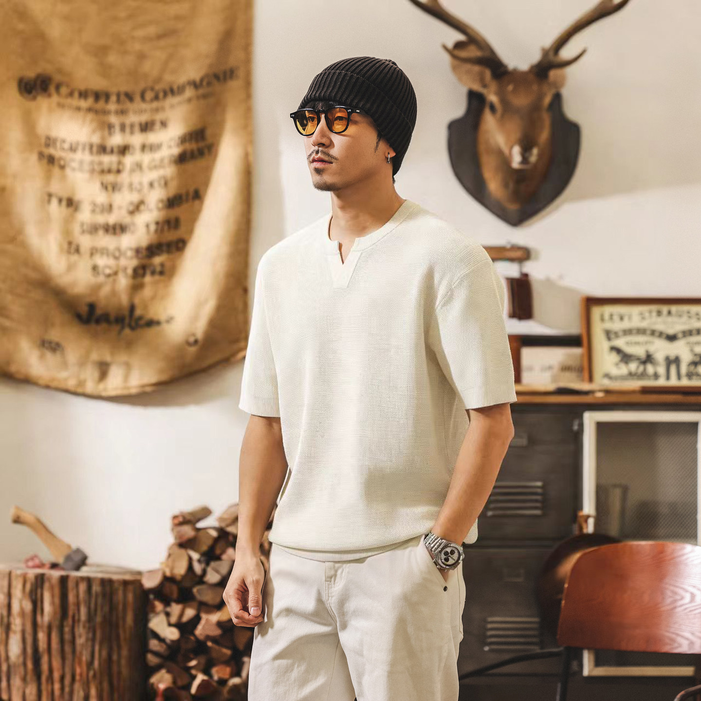 美式復古老錢風針織男士短袖T恤夏季新款寬鬆潮牌亨利領Polo衫男