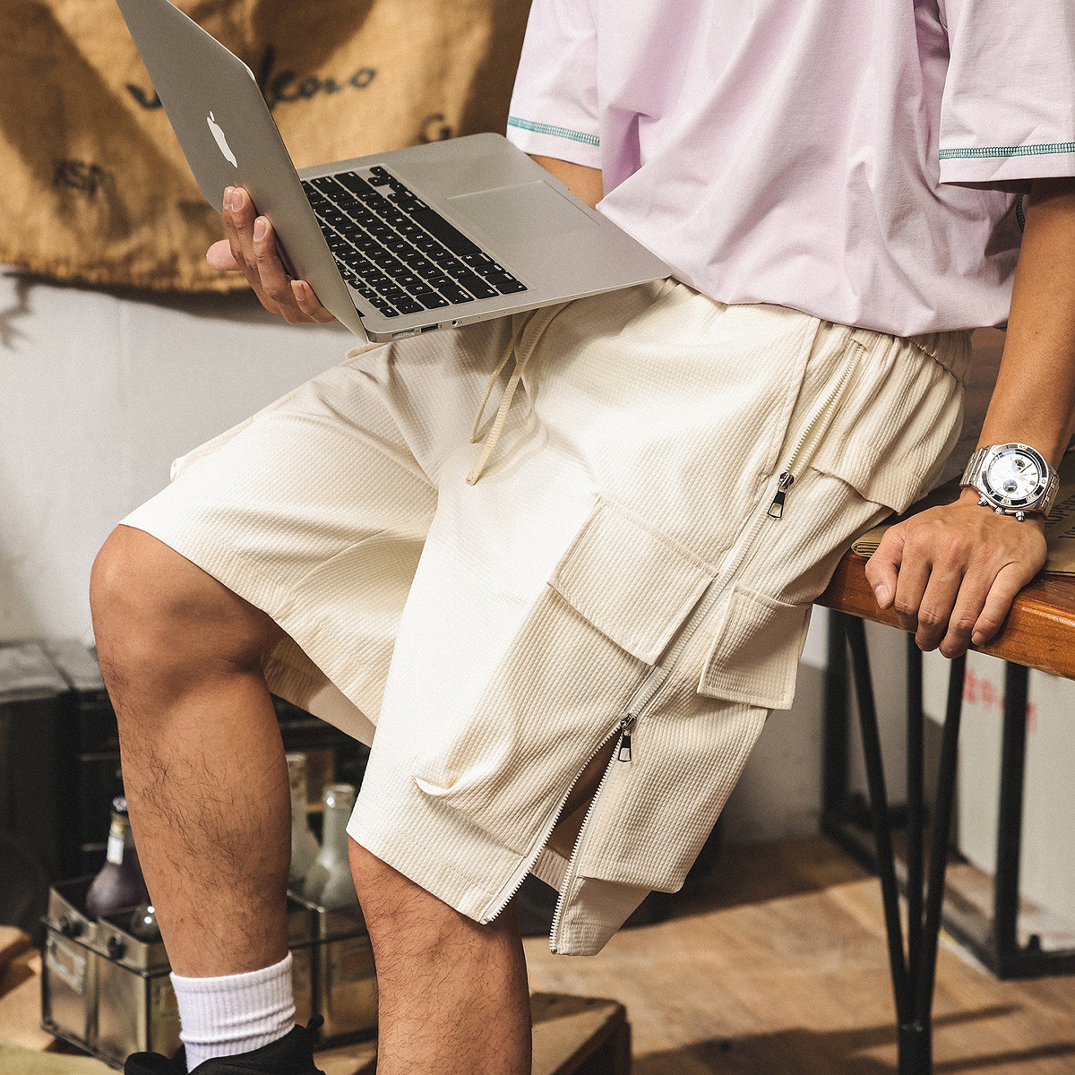 美拉德復古潮牌側邊拉鍊工裝短褲男夏季新款戶外寬鬆速幹五分中褲