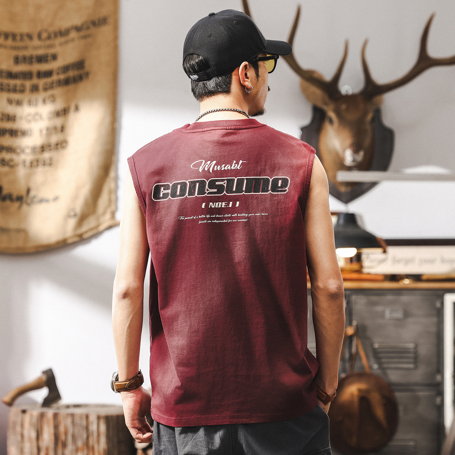 260g重磅無袖T恤男夏季2025新款潮牌漸變水洗運動健身背心男