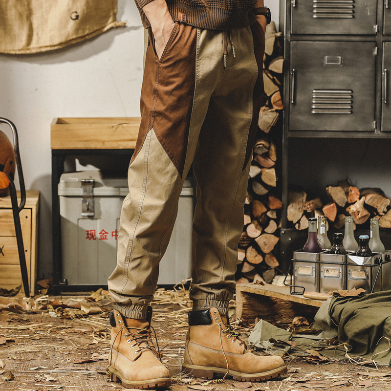 杰雷諾美式復古工裝褲子男秋冬款潮牌撞色寬鬆直筒男士束腳休閒褲