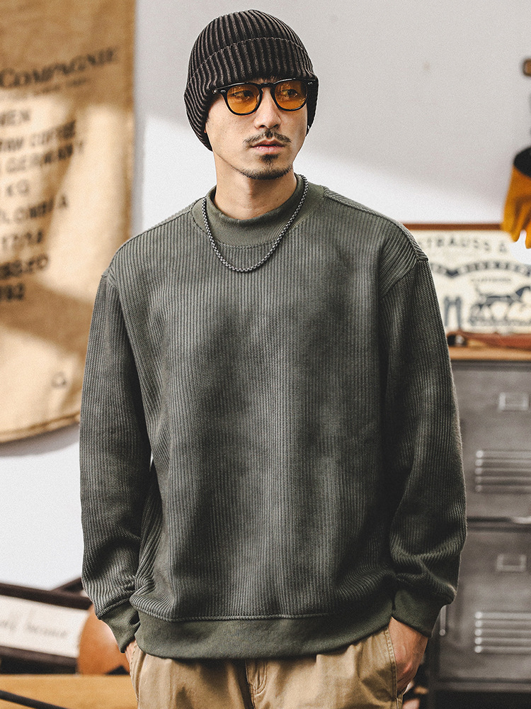 美式重磅針織肌理感衛衣男秋季寬松潮牌複古暈染圓領休閑上衣男款