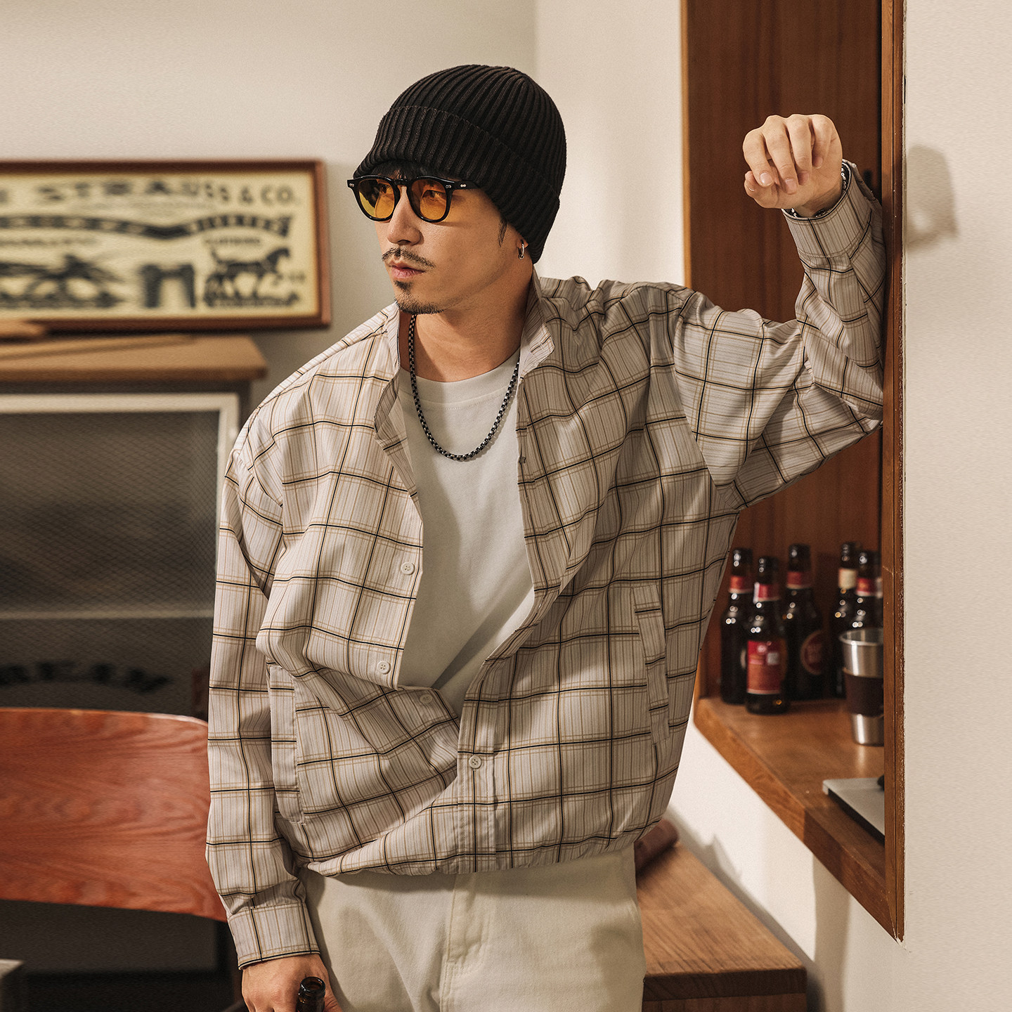 美式復古假兩件格子襯衫外套男春季潮流寬鬆長袖襯衣男士休閒夾克