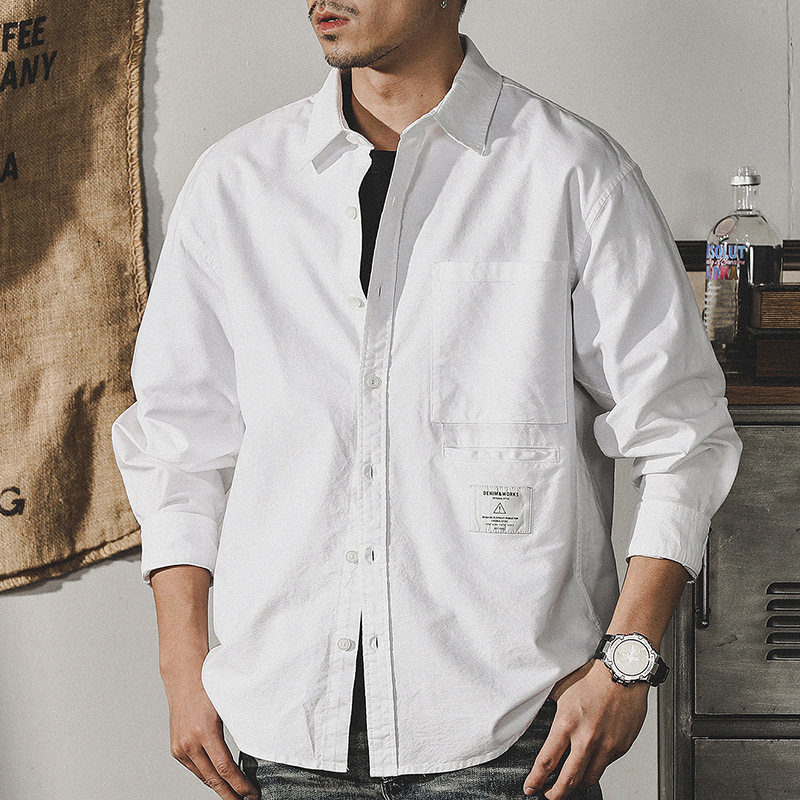 杰雷諾美式工裝簡約白色襯衫男長袖日系寬鬆潮牌襯衣外套男春秋款