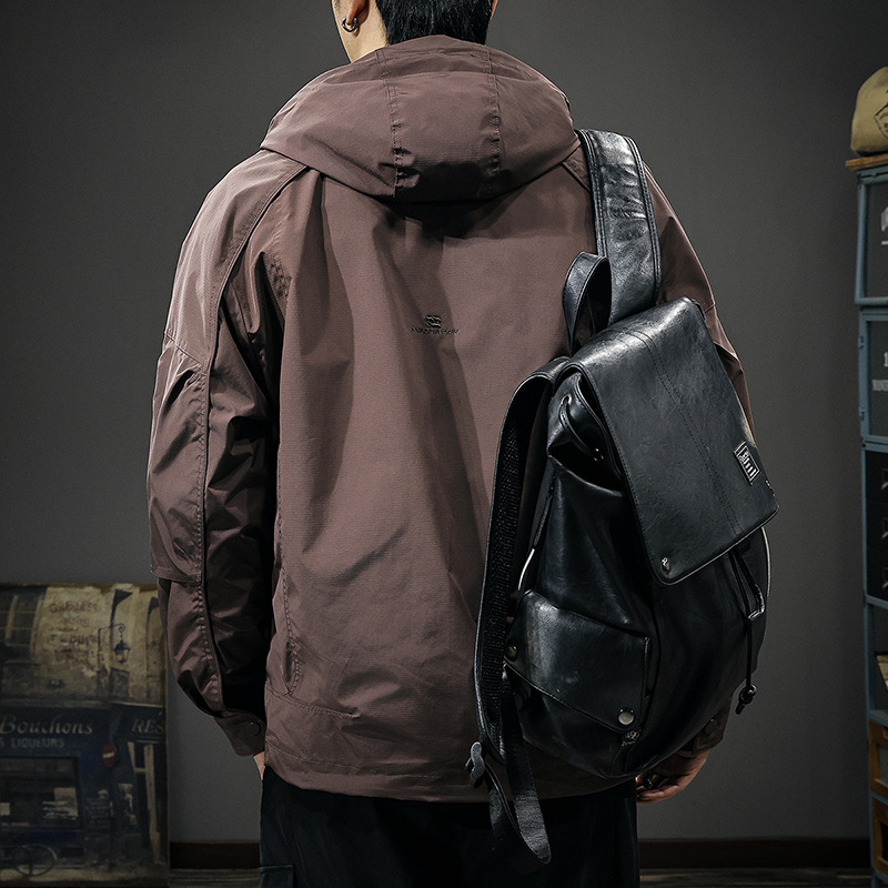 2025秋季新款橫條隱格連帽工裝夾克男寬鬆休閒復古戶外三防外套潮