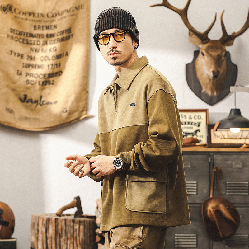 美式重磅復古秋季衛衣男潮流拼接設計感上衣半拉鍊POLO衫男秋冬款