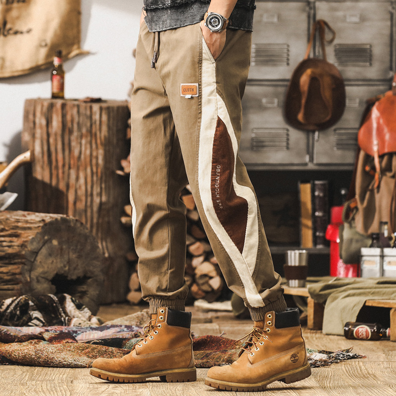 美式復古工裝褲子男秋季2024新款戶外潮牌寬鬆拼接束腳休閒長褲男