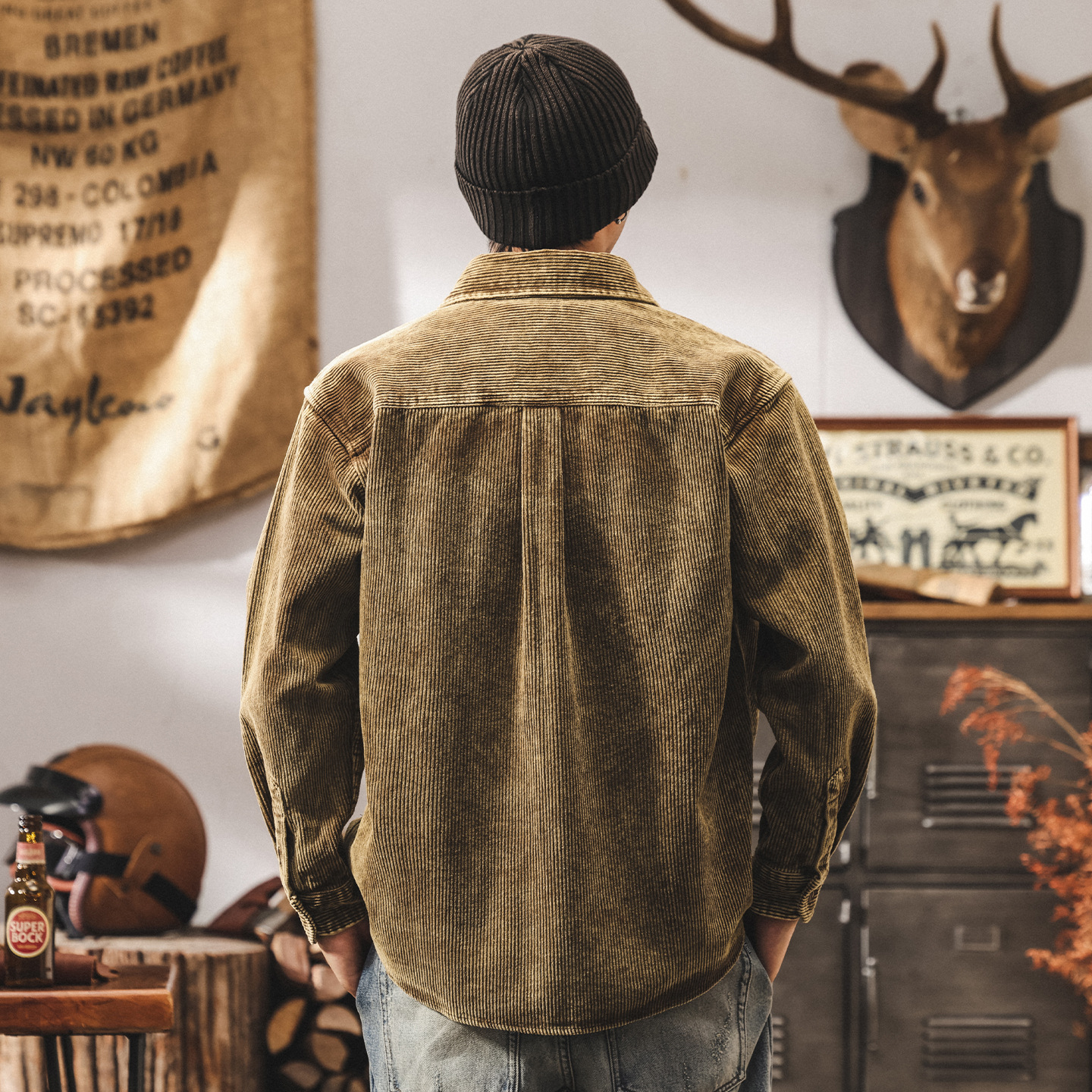 美式復古工裝襯衫男長袖春秋潮牌襯衣男寬鬆老錢風燈芯絨夾克外套