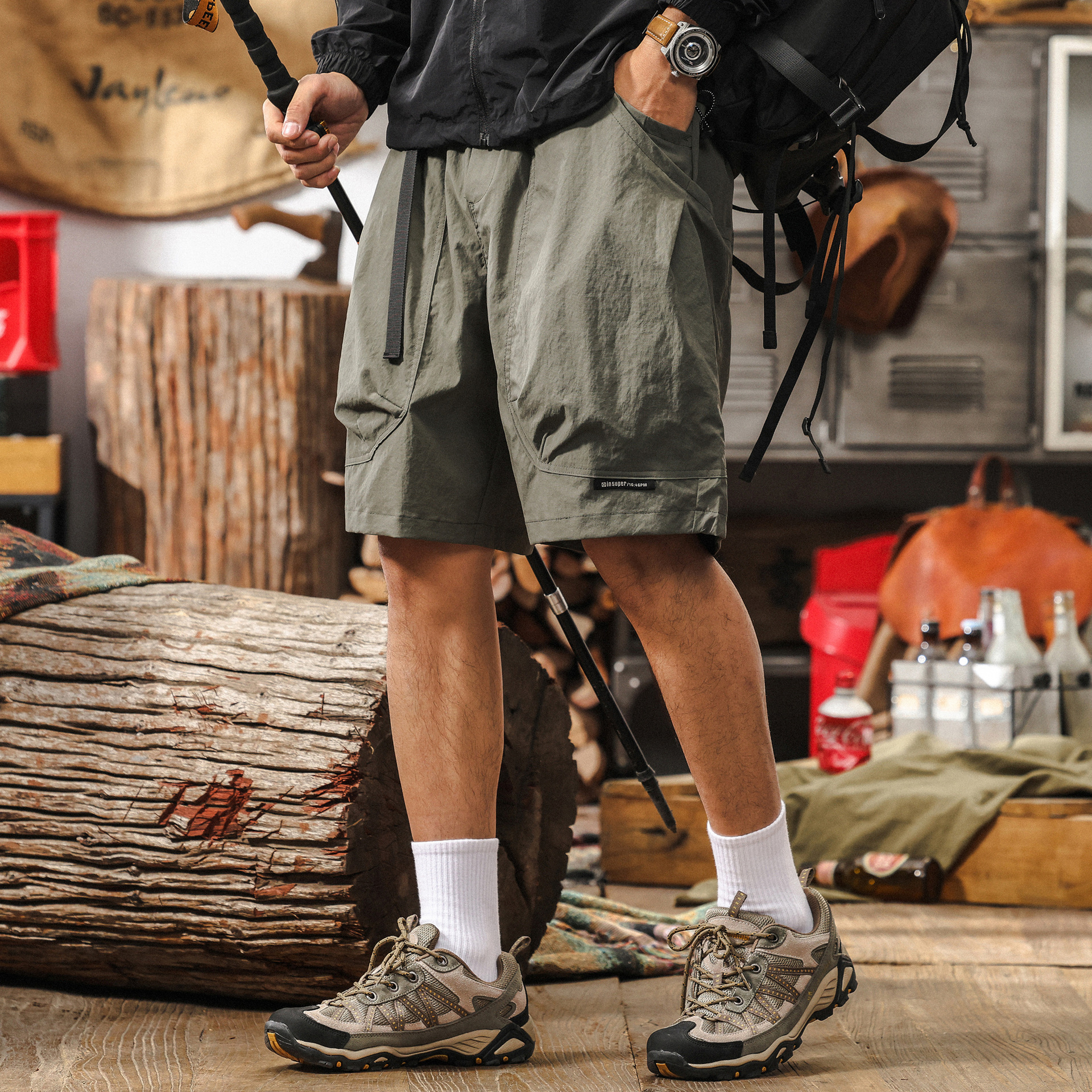 美式復古軍綠色工裝短褲男夏季潮牌戶外機能休閒褲寬鬆直筒五分褲