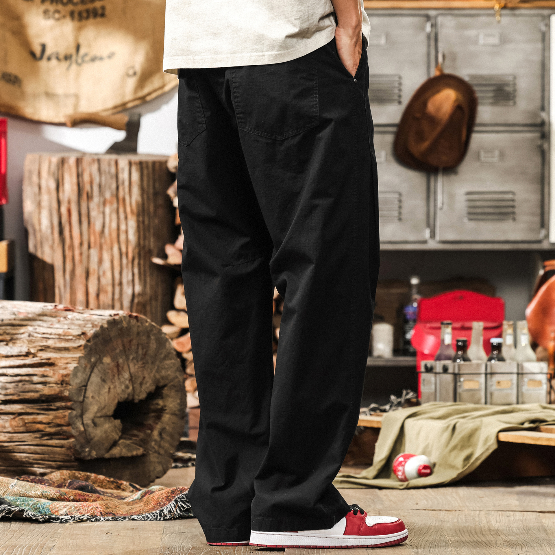 美式復古寬鬆闊腿休閒褲男士夏季直筒長褲子拼接潮牌設計感工裝褲