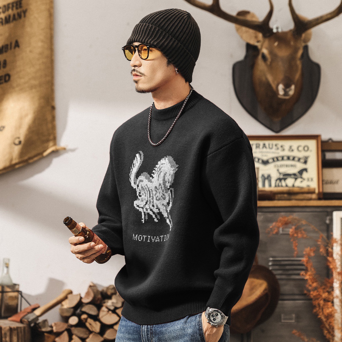 美式復古重磅絨感紅色毛衣男款冬季加厚保暖毛線衣寬鬆男士針織衫