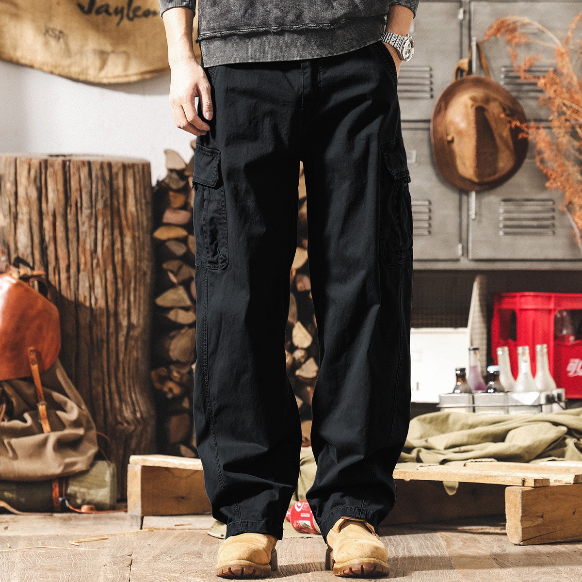 美式復古vibe風水洗廓形工裝褲子男春季新款寬鬆闊腿直筒休閒褲男