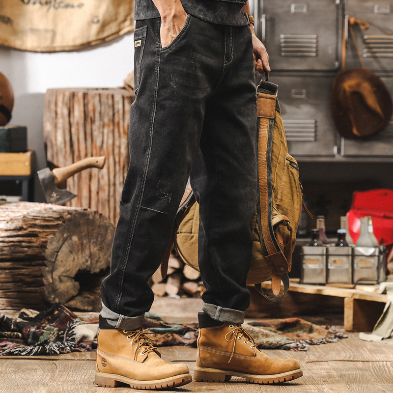 美式復古經典黑色牛仔褲男2024新款潮流寬鬆直筒休閒男士秋冬褲子