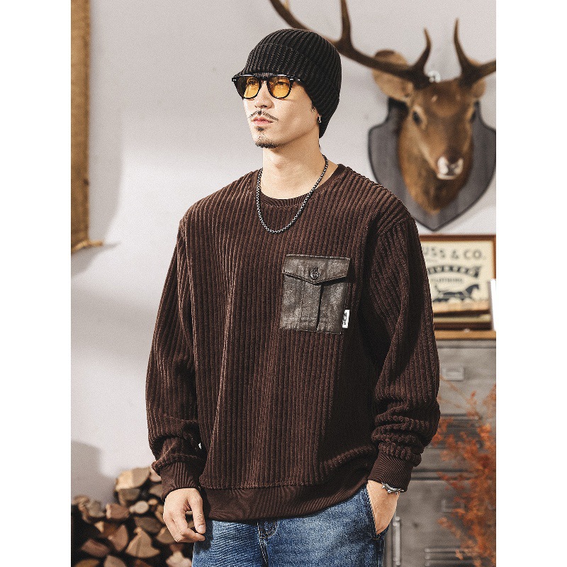 美式復古重磅燈芯絨男士衛衣春秋新款潮流條絨寬鬆大碼男裝秋上衣