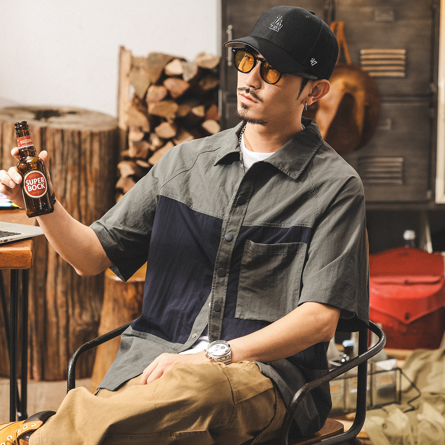 機能戶外速乾襯衫男夏季短袖2025新款潮流拼接撞色美式工裝襯衣男