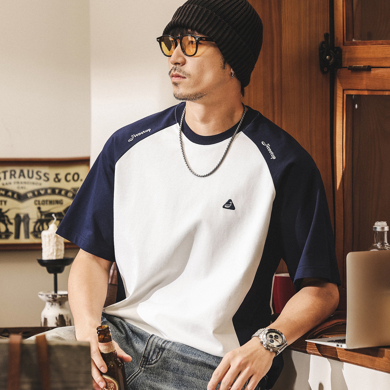 美式復古潮牌男士短袖T恤夏季新款潮流插肩袖拼接寬鬆半袖上衣男