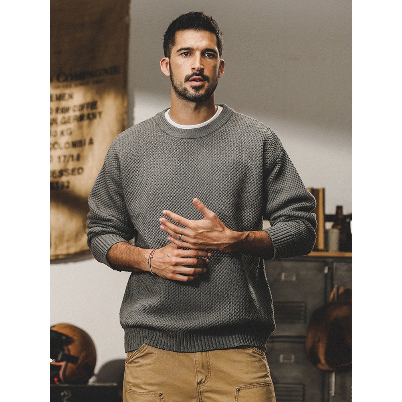 美式經典圓領毛衣男秋冬款2023新款日系復古菠蘿針提花加厚針織衫